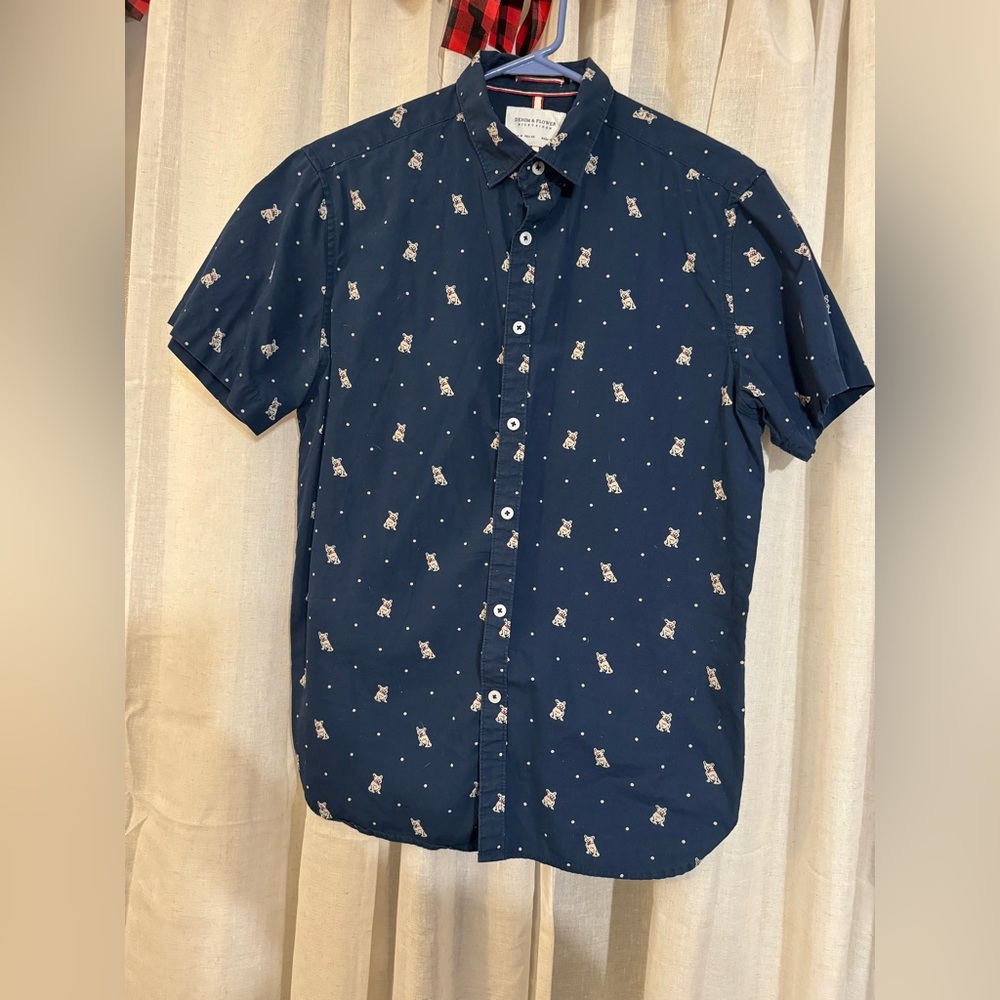 Men’s size medium navy French bull dog short sleeve button up